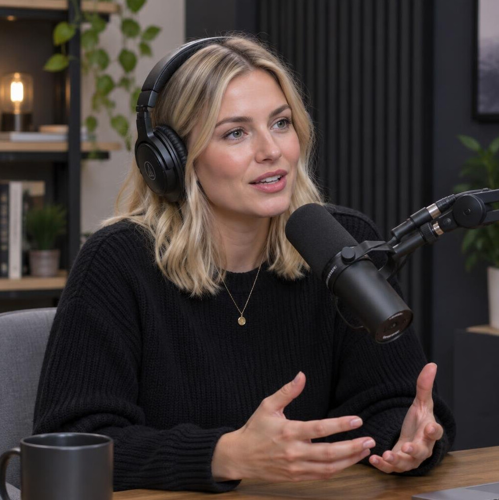 Woman wearing headphones during a podcast interview